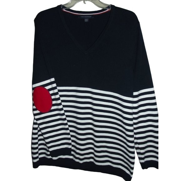 Tommy Hilfiger 2X Colorblock Patch Elbow Sweater navy blue white striped v-neck - Picture 1 of 11